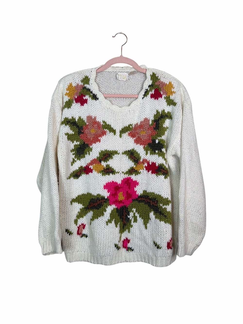 Vintage Needles & Yarn Floral Knit Sweater M Cream Cottagecore 80s 90s